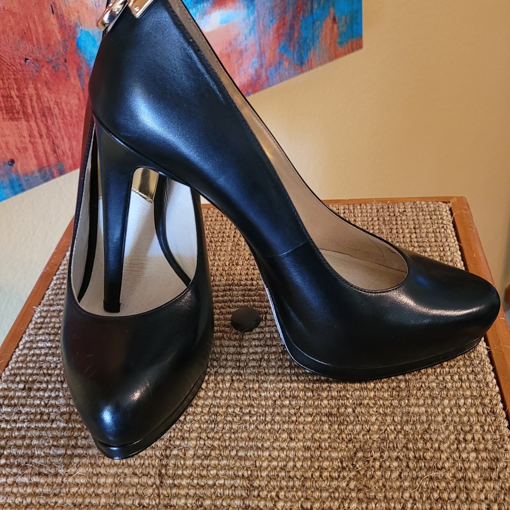 Women's Black High Heel Pumps with Gold Accent